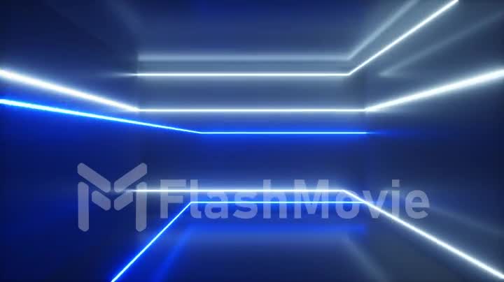 Abstract background, moving neon rays, luminous lines inside the room, fluorescent ultraviolet light, blue white spectrum, loop, seamless loop 3d render
