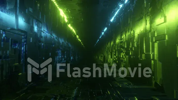 Endless flight in a futuristic metal corridor with neon lighting. Technology and future concept. Modern blue green light spectrum 3d illustration