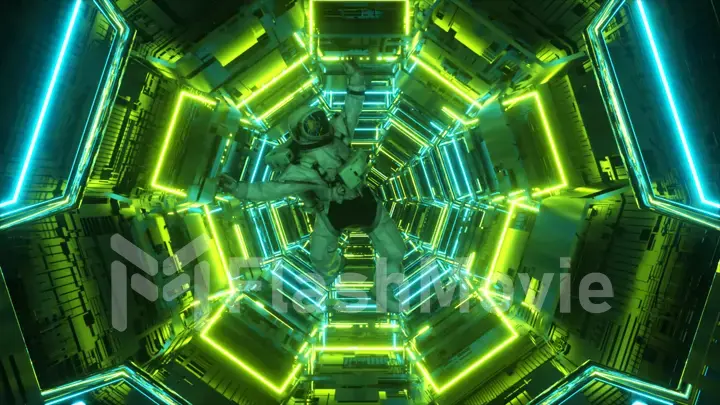 Astronaut falling in the corridor of a spaceship. Sci-Fi futuristic space tunnel VJ for titles and background. Neon light. 3d illustration