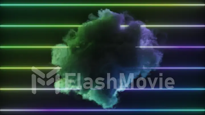 Abstract concept. Green blue cloud rotates against the background of colored neon lines. Gradient. Advertising