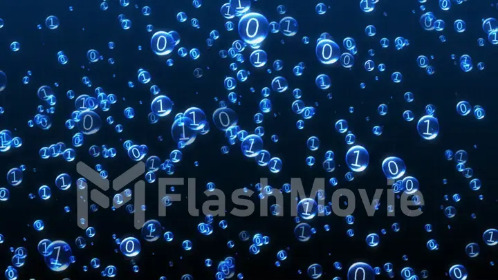The binary code inside the bubbles rises. Blue interface, 3d illustration