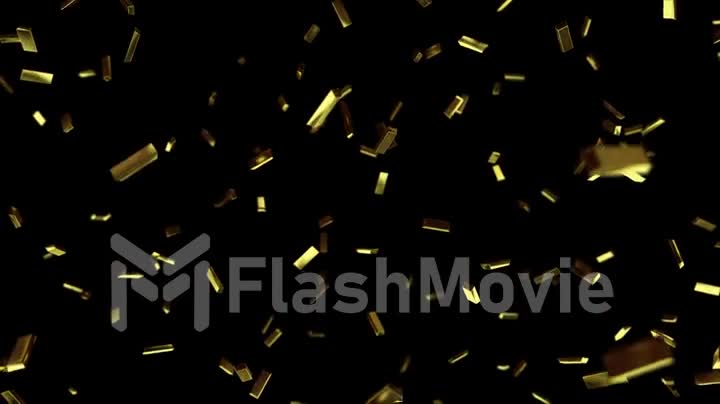 Falling gold bars in slow motion on black isolated background with luma matte mask. 3D render, seamless loop animation in 4k