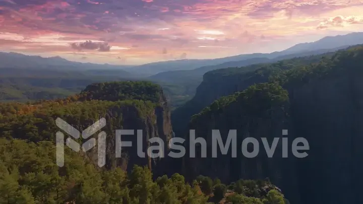 Top view of high rocks in mountainous area. Sunset sky. Pink purple clouds. The tops of the trees.