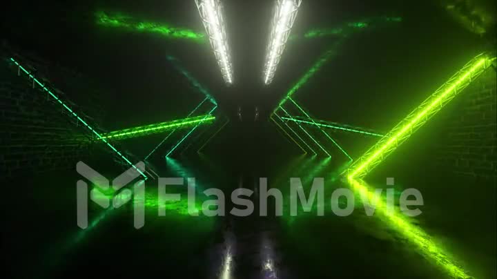Abstract neon background flying forward through the corridor, glowing green blue lines appear. Seamless loop 3d render