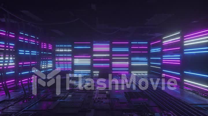 Neon background. Purple and blue neon background appears and disappears. Bright vibrant neon background. Technological space. Room. Seamless looping 3d animation
