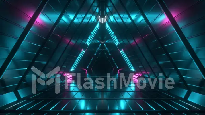 Abstract endless flight in a futuristic geometric metal corridor made of triangles. Modern blue neon lighting. 3d illustration