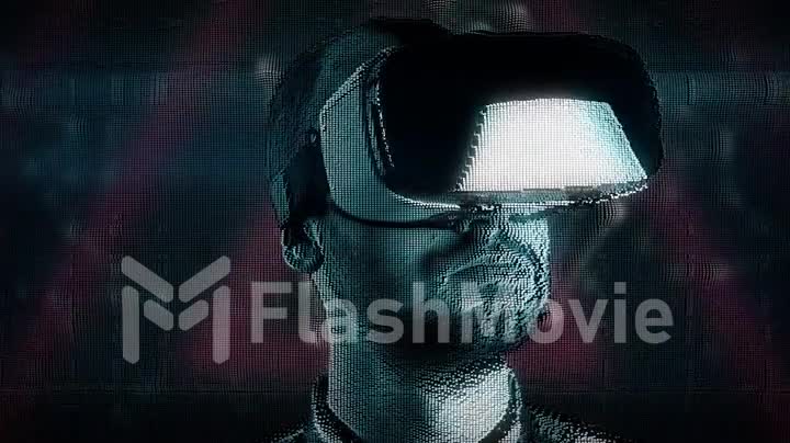 Hologram of a young man with digital disturbances in virtual reality glasses
