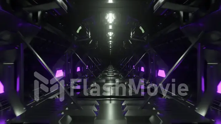 Flying down an endless dark corridor with purple neon lighting. Tunnel aboard the spacecraft. 3d illustration