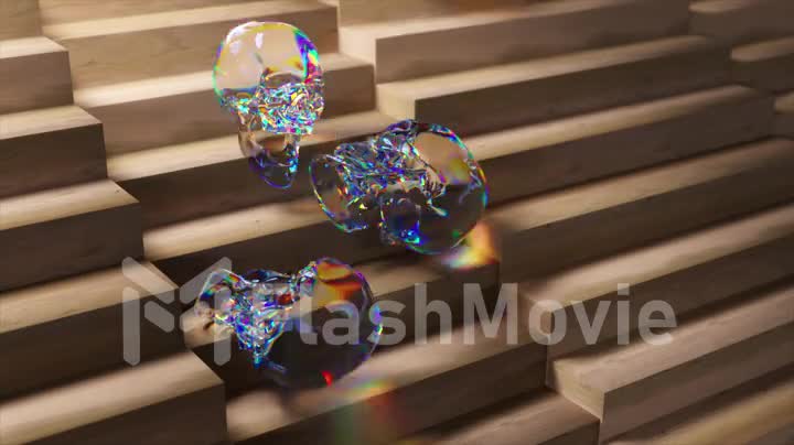 Abstract concept. The diamond skulls slide down the Light wood stairs. Rainbow. Transparent. 3d animation