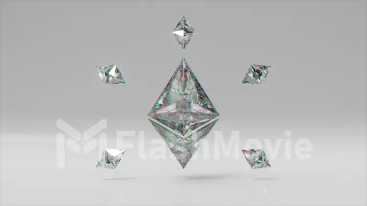 A large diamond Ethereum surrounded by small Ethereums. Logo. Cryptocurrency. 3d Illustration