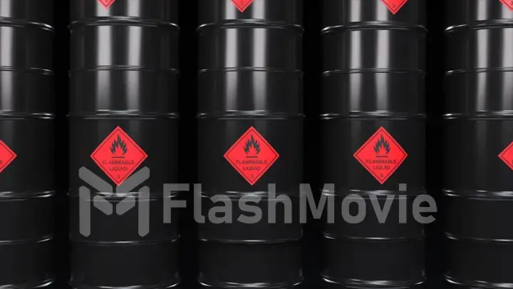 Black barrels with oil and combustibles. Flammable toxic waste. Pollution. Life threatening. 3d illustration