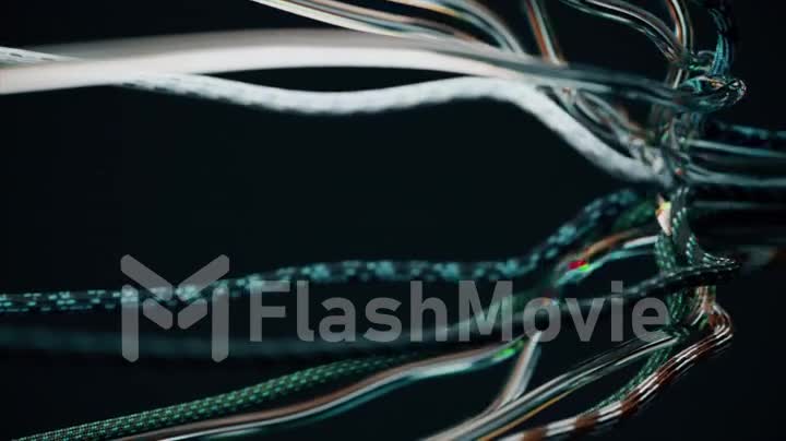 Moving data cables. Transparent wire with liquid inside. Stretch and move in waves. Fabric rope. Black background.