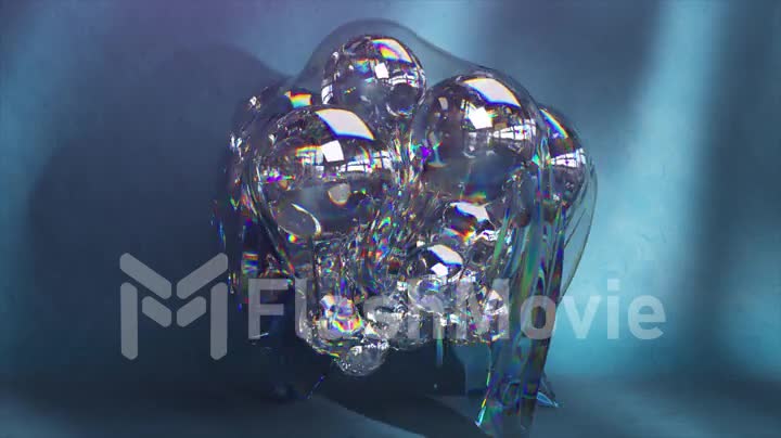 Shiny glass balls under a transparent cape zoom in and out against the blue wall. Shadow. Movements. 3d animation