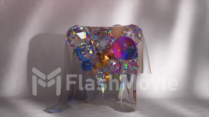 Abstract concept. Diamond and metal colored balls move in waves. Gems. Rainbow glow. Transparent cape.