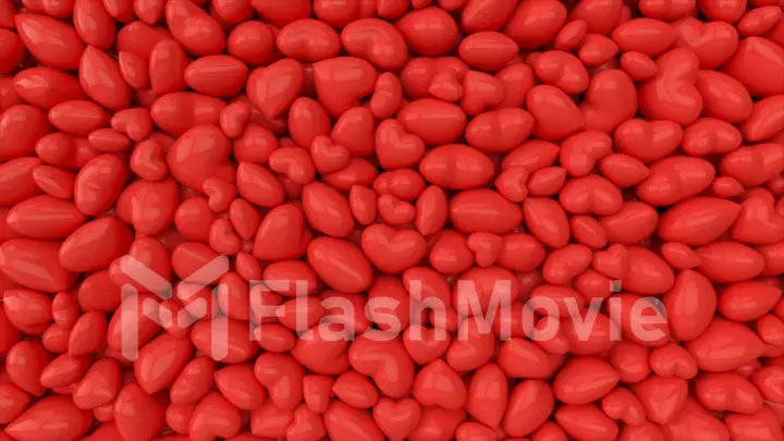 Falling dynamic red hearts filling the screen on isolated black background. 3d illustration