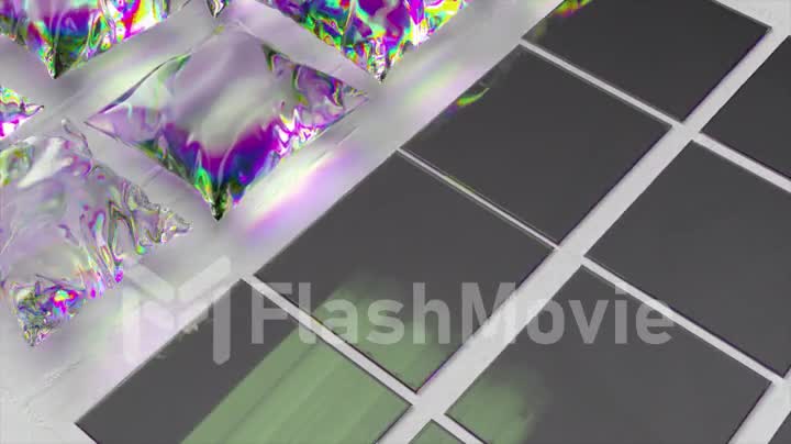 Metal square tiles transform into flying transparent pillows. Light refraction. Diamond. 3d animation of seamless loop