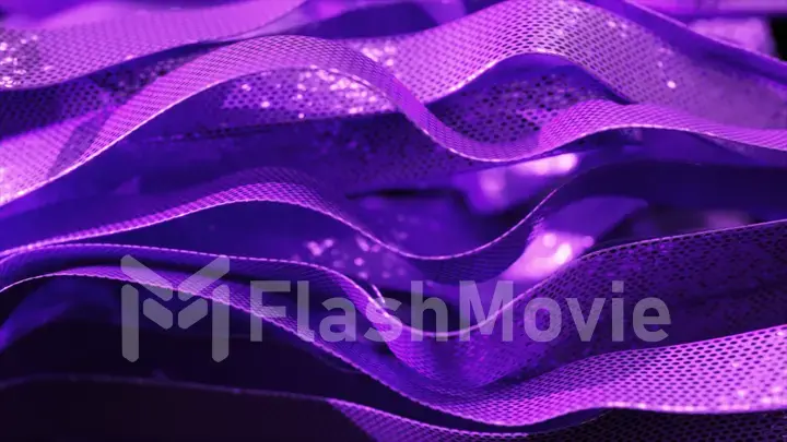 Shiny purple ribbons move quickly and slow down in space. Abstract background. Slow motion. 3d illustration