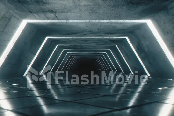 Flying in a modern futuristic empty sci-fi night corridor. Retro alien ship in the shape of a hexagon corridor with cold blue luminous neon lights with a square floor. 3d illustration
