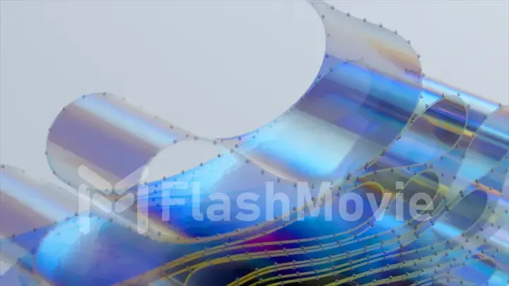 The transparent plastic tape is folded in layers. A stack of ribbons. Blue neon color. Arrange. 3d illustration