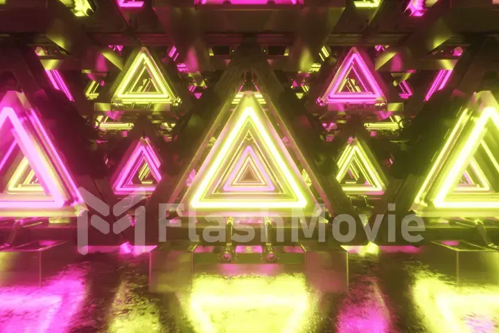 Abstract flying in metal futuristic corridor with triangles, fluorescent ultraviolet light, laser neon lines, geometric endless tunnel, yellow pink spectrum, 3d illustration