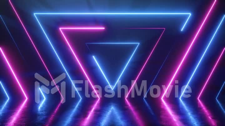 Abstract background from seamlessly appearing neon colorful triangles. Reflection in a scratched metal floor. Fluorescent ultraviolet modern light. Seamless loop 3d render.