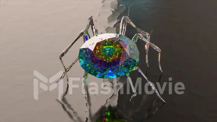 Spider with a body made of a large diamond stone walks on a smooth mirror surface. Rainbow color.