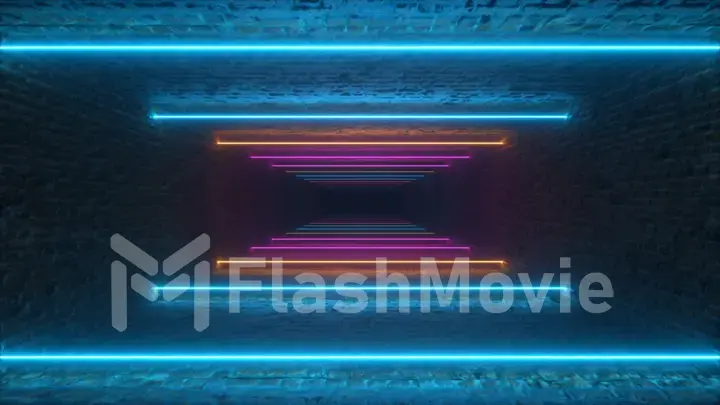 Flying through glowing neon lines creating a brick tunnel, blue red pink violet spectrum, fluorescent ultraviolet light, modern colorful lighting, 3d illustration