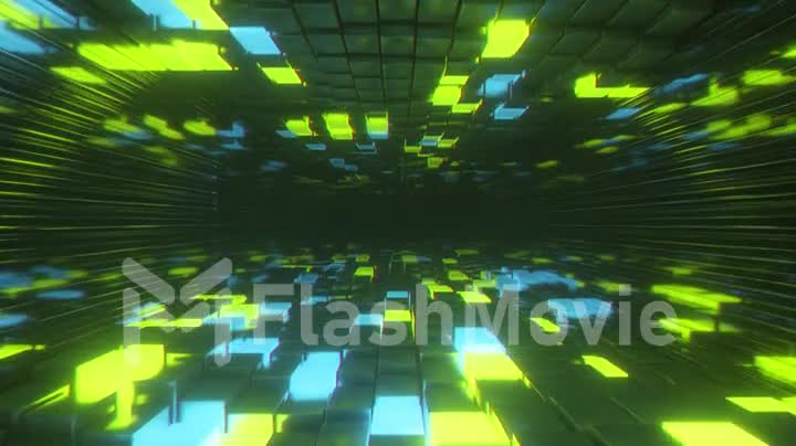 Abstract seamless looped animation of flying in endless space of neon and metal cubes. Modern blue green color spectrum of light. Glass metal walls. VJ loop.
