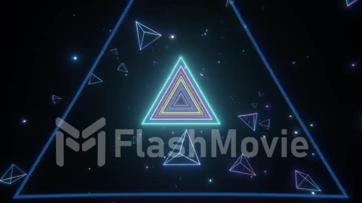 An endless tunnel of luminous multicolored neon triangles for music videos, night clubs, LED screens, projection show, video mapping, audiovisual performance, fashion events. Seamless loop 3d render