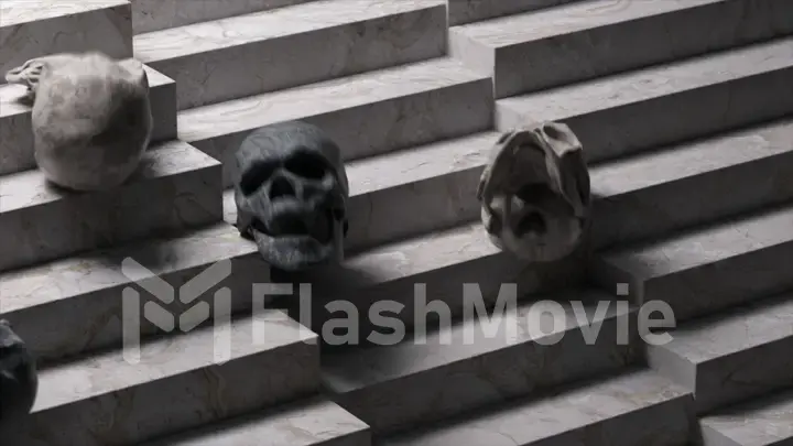Horror concept. Soft gray and black skulls roll down the stairs. Marble stairs. Close-up. Advertising. 3d illustration.