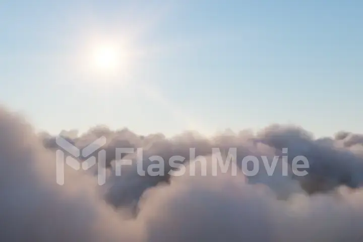 Flight through moving cloudscape with beautiful sun rays. Beautiful realistic flight over cumulus lush clouds at sunset. 3d illustration