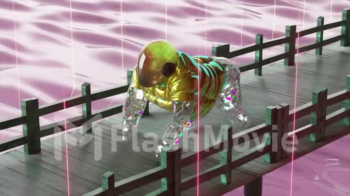Running diamond gorilla. Yellow jacket and helmet. Gray pier. Pink water surface. 3d animation of seamless loop