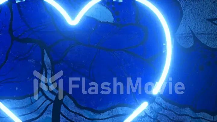 Blue neon heart flashes with neon light on the wall. Flower drawing on the wall. Valentine's Day. Love. Romance.