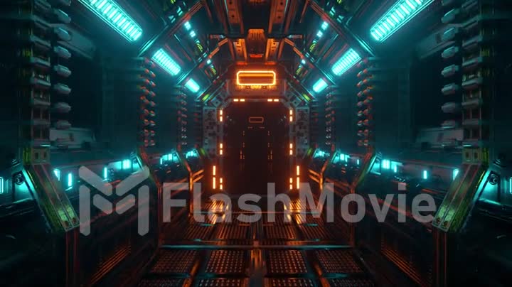 Flying in a spaceship tunnel, a sci-fi shuttle corridor. Futuristic abstract technology. Technology and future concept. Flashing light. 3d Animation of seamless loop.