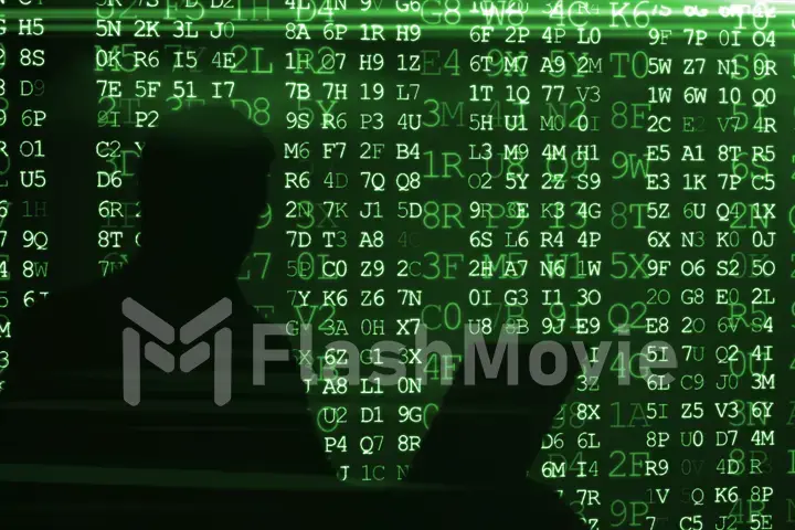 Conceptual image of a hacker on matrix background of falling green computer code digits 3d illustration