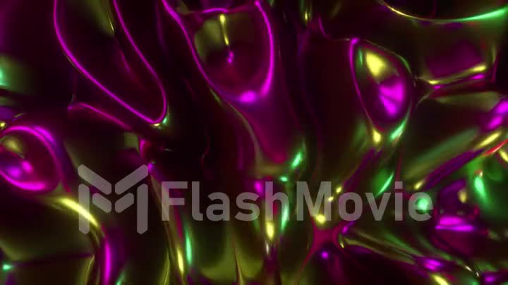 Abstract 3d render holographic oil surface background, foil wavy surface, wave and ripples, ultraviolet modern light, neon pink spectrum colors. Seamless loop 4k animation