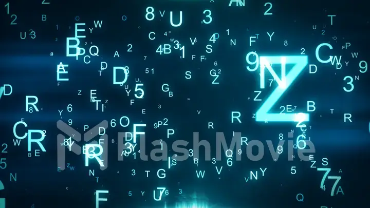Technological background with flying letters and figures 3d illustration