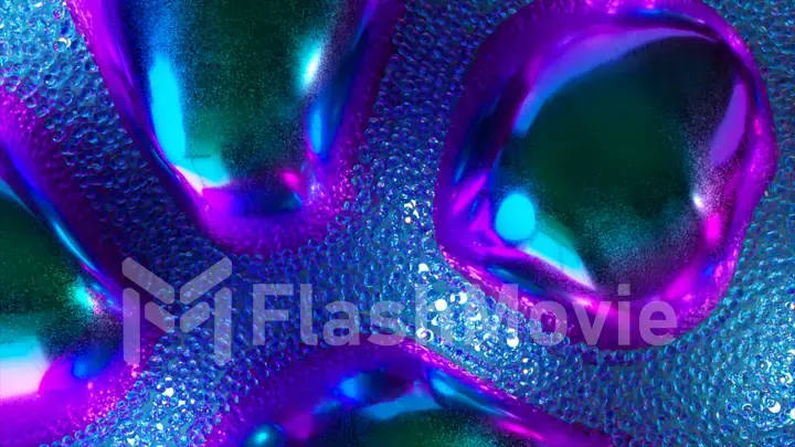 Stream of diamond glowing bubbles. Colored metal objects. Blue purple neon color. Slow motion. Mirror surface.