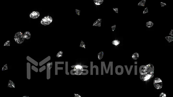 Falling shining diamonds 3d illustration on black isolated background
