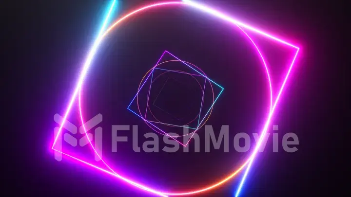 Infinity flight inside tunnel, neon light abstract background, round arcade, portal, rings, circles, virtual reality, ultraviolet spectrum, laser show, metal floor reflection. 3d illustration