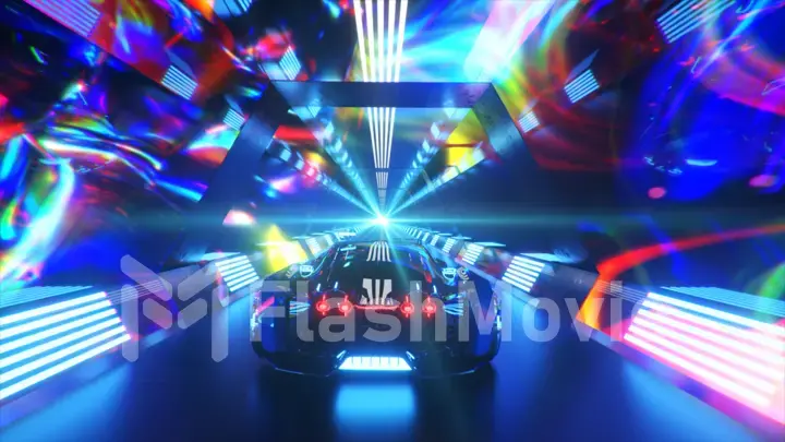 The car rushes at high speed through an endless neon technology tunnel. Futuristic concept. 3d illustration
