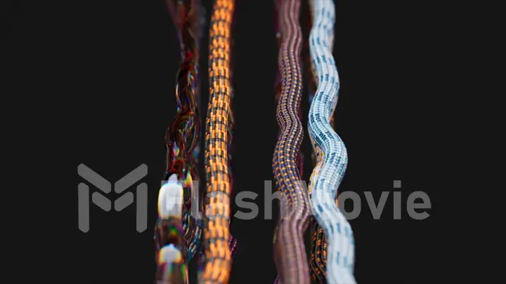 On a black background, an invisible force moves black fabric threads. Cables, ropes, ropes. Blur. 3d illustration.