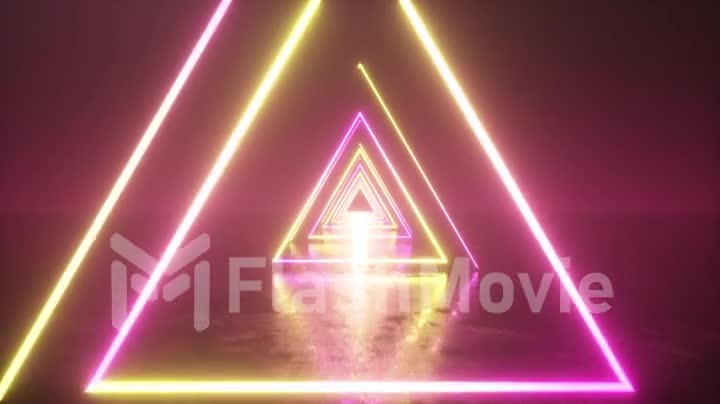 Flying through glowing neon triangles with metal floor creating a tunnel, yellow pink violet spectrum, fluorescent ultraviolet light, modern vj colorful lighting, 4k seamless loop animation