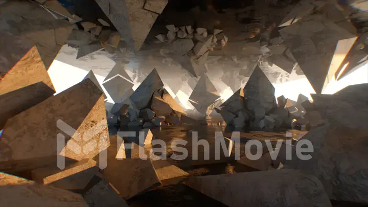 Decaying and recovering logos of the Ethereum cryptocurrency coin. Fantastic destruction concept with sun lighting. 3d illustration