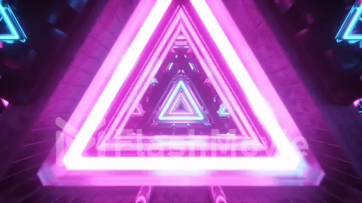 Abstract flying in futuristic metal corridor with triangles, seamless loop 4k background, fluorescent ultraviolet light, laser neon lines, geometric endless tunnel, blue pink spectrum, 3d illustration