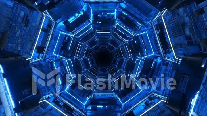 Endless corridor of the future. Spaceship. Neon lighting. Flying in the tunnel. 3d illustration