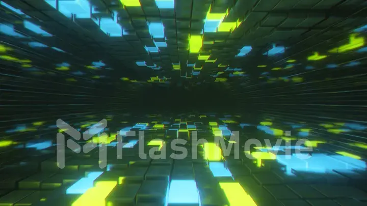 Abstract flying in endless space of neon and metal cubes. Modern blue green color spectrum of light. Glass metal walls. 3d illustration