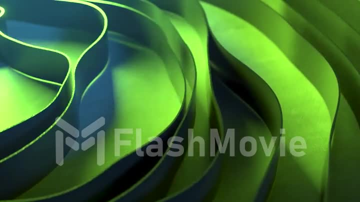 Dynamic animation of abstract stripes interacting with each other. Circular wave. Green neon lighting. 3d animation