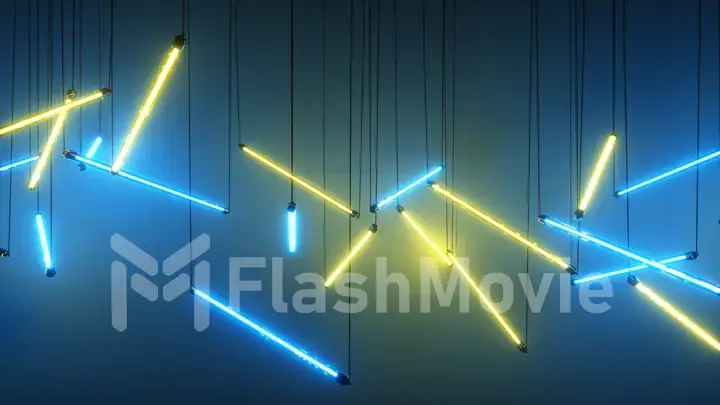 Blue and yellow neon fluorescent lights suspended from ropes. Modern lighting.3d illustration