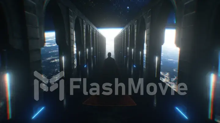A man dressed in cloth walking down a space sci fi corridor with neon lighting. Let the planet earth. Fantastic concept of the future. The concept of human cognition of space. 3d animation